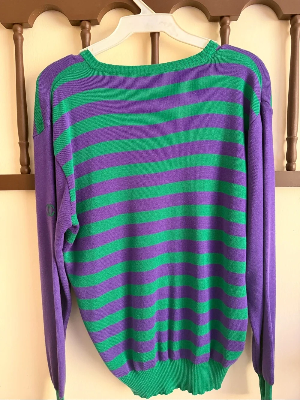 Striped Green & Purple Womens Sweater - Classic V-Notch Pullover